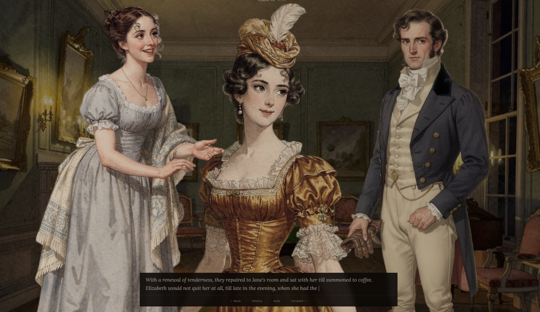 Elizabeth, Jane, and Bingley in the parlour
